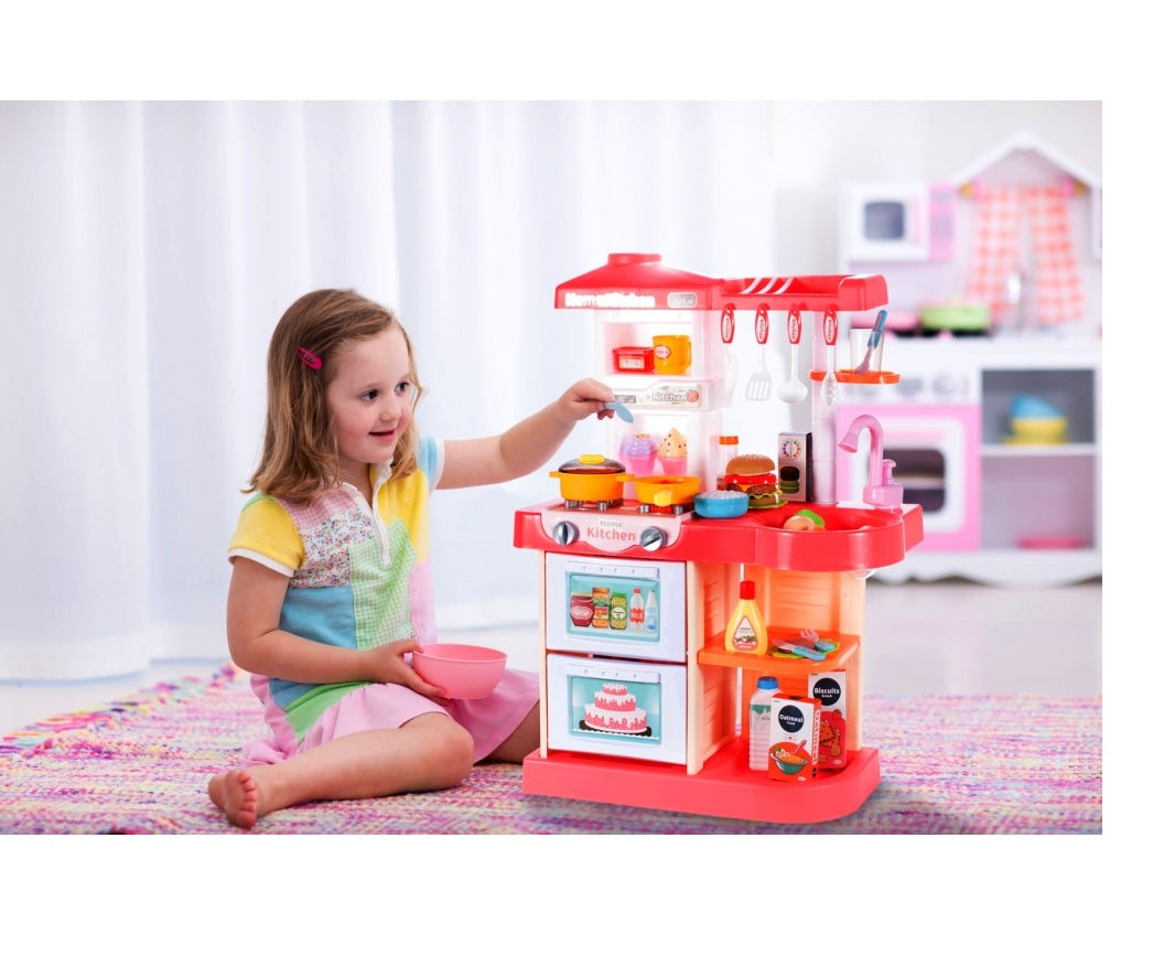 Bucatarie Multifunctionala idealSTORE MASTER CHEF HAPPY, Inaltime 72 cm, Echipata cu robinet, farfurii, ceasca, 2 arzatoare, Hota exterioara si alte produse alimentare, Ideala pentru creativitatea copilului tau