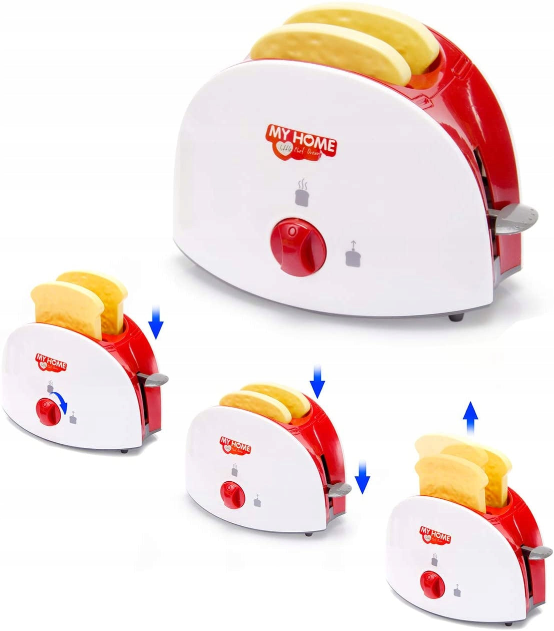 Prajitor de paine pentru copii My Home IdealStore,17 x 5 x 12 cm, Realizat din plastic durabil, Include 2 felii de paine, Efecte sonore, Alb/Rosu