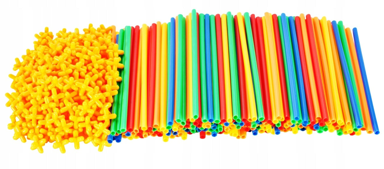 Set De Constructie Din Paie Magic Pieces idealStore, 400 elemente, Materiale Flexibile si Rezistente, Usor de Modelat, Joc Educativ si Creativ Multicolor