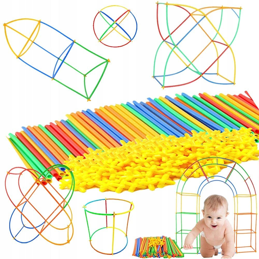 Set De Constructie Din Paie Magic Pieces idealStore, 400 elemente, Materiale Flexibile si Rezistente, Usor de Modelat, Joc Educativ si Creativ Multicolor