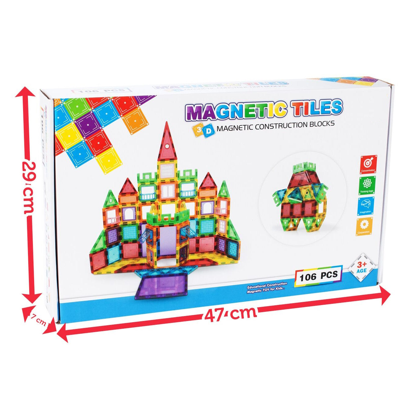 Set Inteligent de constructie MAGNETIC CONSTRUCTION idealSTORE, Include 106 de piese Multicolore, Posibilitatea de forme nelimitate, Educativ-Creativ, Magneti Neodim, Dezvolta abilitati motrice