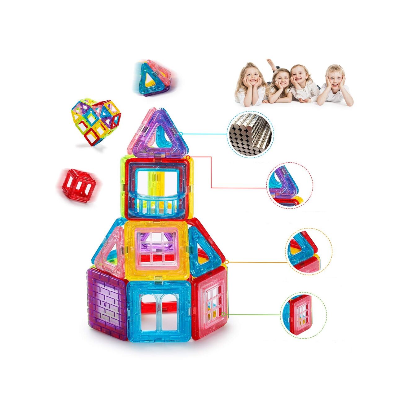 Set Inteligent de constructie MAGNETIC CONSTRUCTION idealSTORE, Include 106 de piese Multicolore, Posibilitatea de forme nelimitate, Educativ-Creativ, Magneti Neodim, Dezvolta abilitati motrice