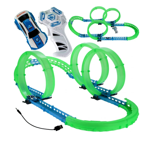 Pista de Curse Luminoasa Rapid World idealSTORE, Dimensiuni 95 x 41 x 26 cm, Include o Masinuta Electrica controlata prin Joistick, Posibilitatea de a crea diferite trasee, Control Viteza, Dezvoltarea abilitatilor motorii, Creativitatea