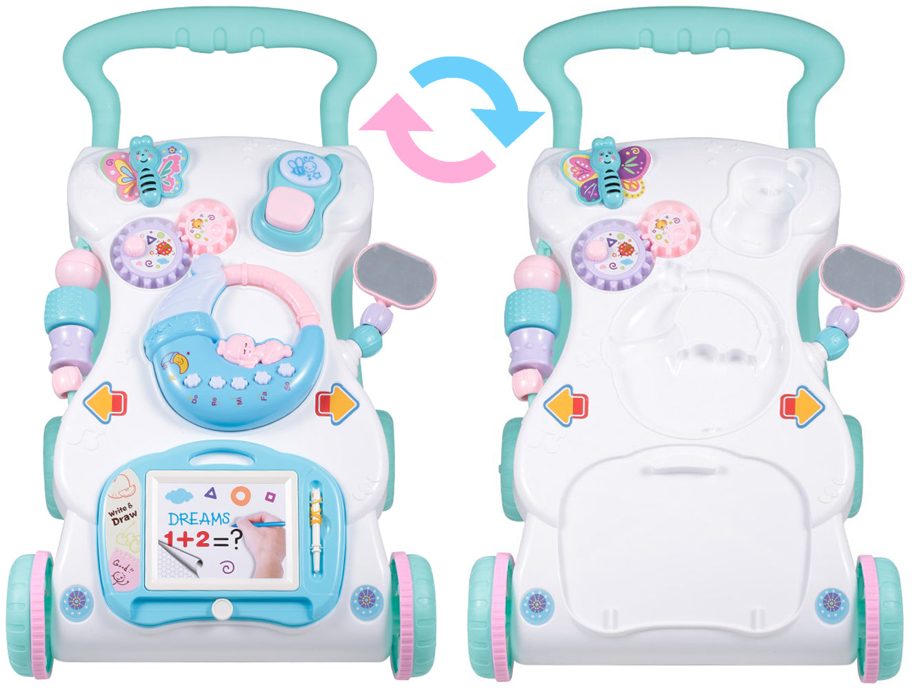 Premergator interactiv BLUE MOON, Dimensiuni 50 x 27.5 x 27 cm Echipat cu panou educativ, Ajuta la dezvoltarea abilitatilor motorii, Este un bun ajutor in invatarea mersului independent, Accesorii simbolice care asigura distractia celor mici