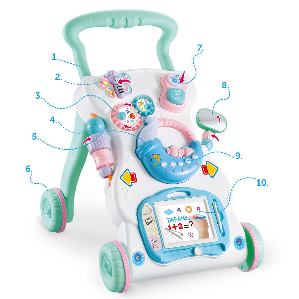 Premergator interactiv BLUE MOON, Dimensiuni 50 x 27.5 x 27 cm Echipat cu panou educativ, Ajuta la dezvoltarea abilitatilor motorii, Este un bun ajutor in invatarea mersului independent, Accesorii simbolice care asigura distractia celor mici