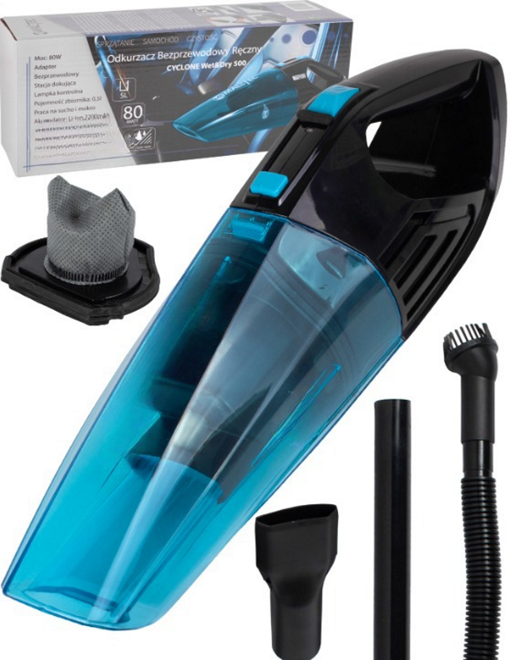 Aspirator Multifunctional Portabil Turbo Cleaning idealSTORE, Putere 80W, Capacitate recipient Praf 0.5L, Include Perie rotunda, Adaptor, Lampa de control, Varf din cauciuc pentru lichide, Usor de Utilizat