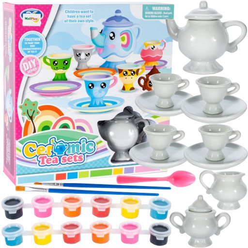 Set De Ceai Din Porcelan idealStore Let's Paint Pentru Vopsit, Vase din Portelan, 12 Vopsele Colorate, Paleta pentru Vopsele, Creativitate, Imaginatie, Set Refolosibil