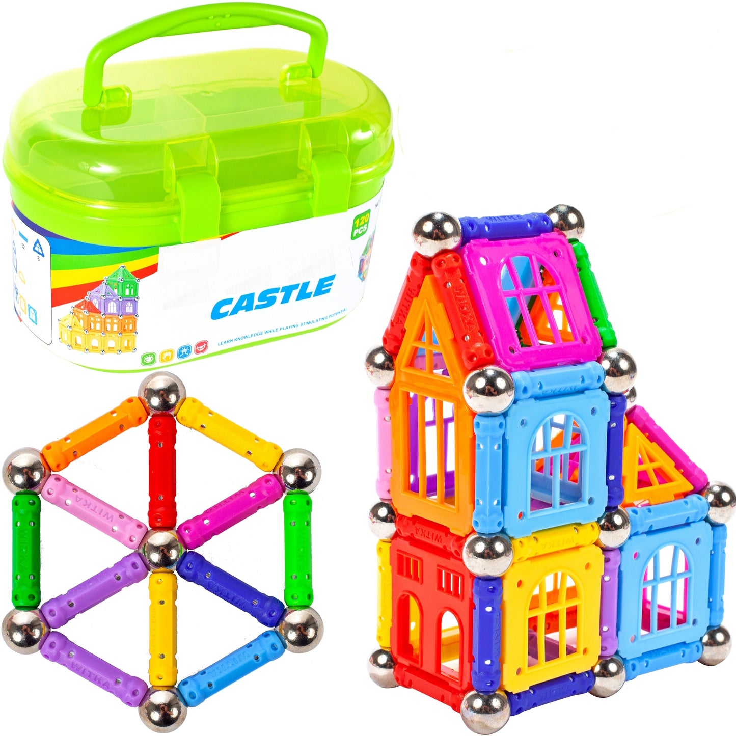 Joc educativ cu Blocuri Magnetice idealStore Castle Construction 3D, Creaza Constructii Tridimensionale, Dezvolta Rabdarea, Indemanarea si Concentrarea, 119 elemente, Material Rezistent, Contine Brosura si Cutie de Depozitare