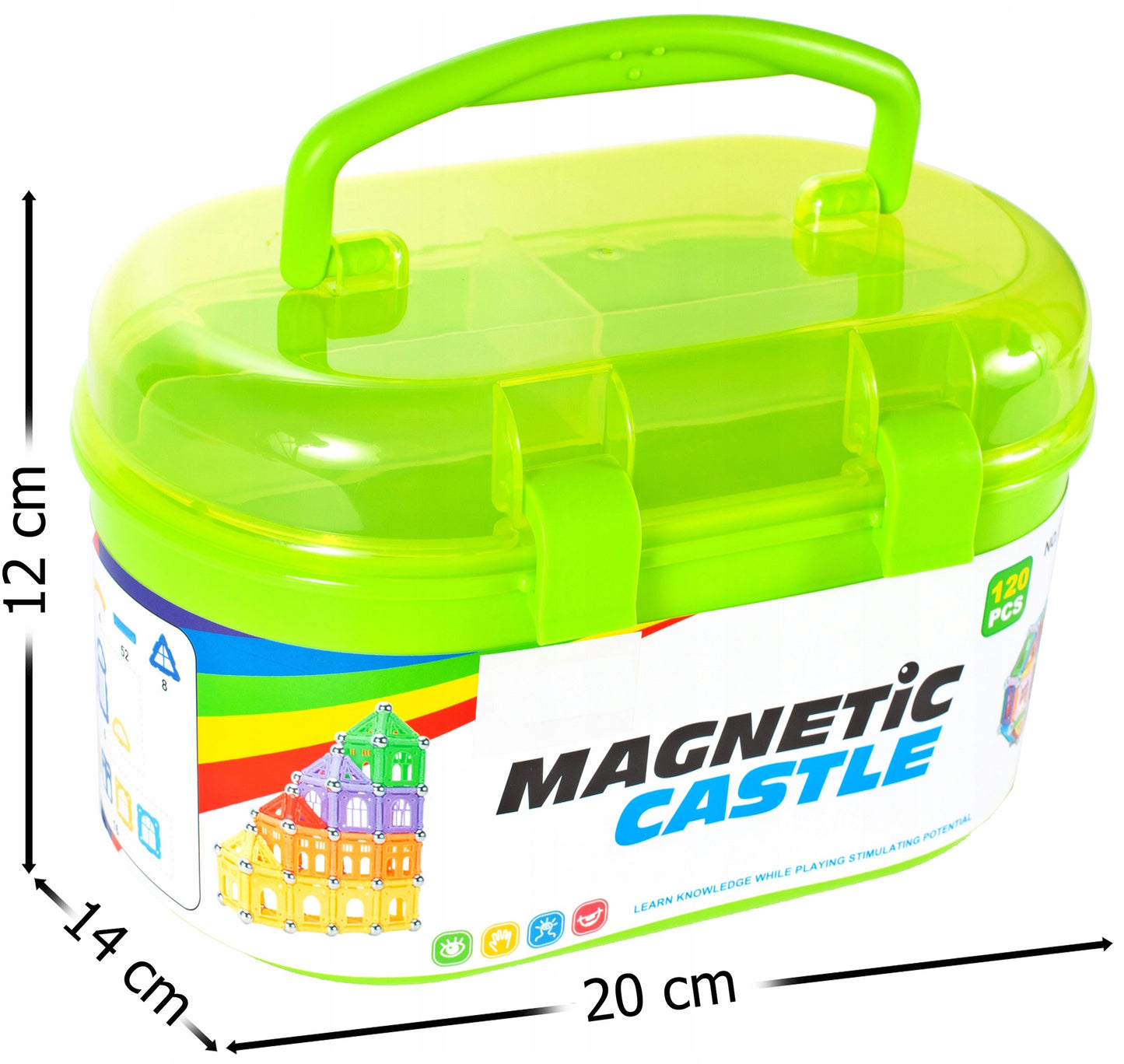 Joc educativ cu Blocuri Magnetice idealStore Castle Construction 3D, Creaza Constructii Tridimensionale, Dezvolta Rabdarea, Indemanarea si Concentrarea, 119 elemente, Material Rezistent, Contine Brosura si Cutie de Depozitare