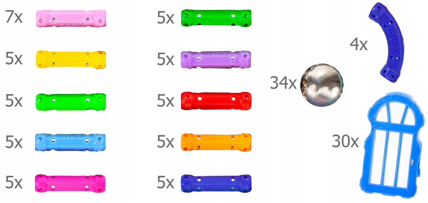 Joc educativ cu Blocuri Magnetice idealStore Castle Construction 3D, Creaza Constructii Tridimensionale, Dezvolta Rabdarea, Indemanarea si Concentrarea, 119 elemente, Material Rezistent, Contine Brosura si Cutie de Depozitare