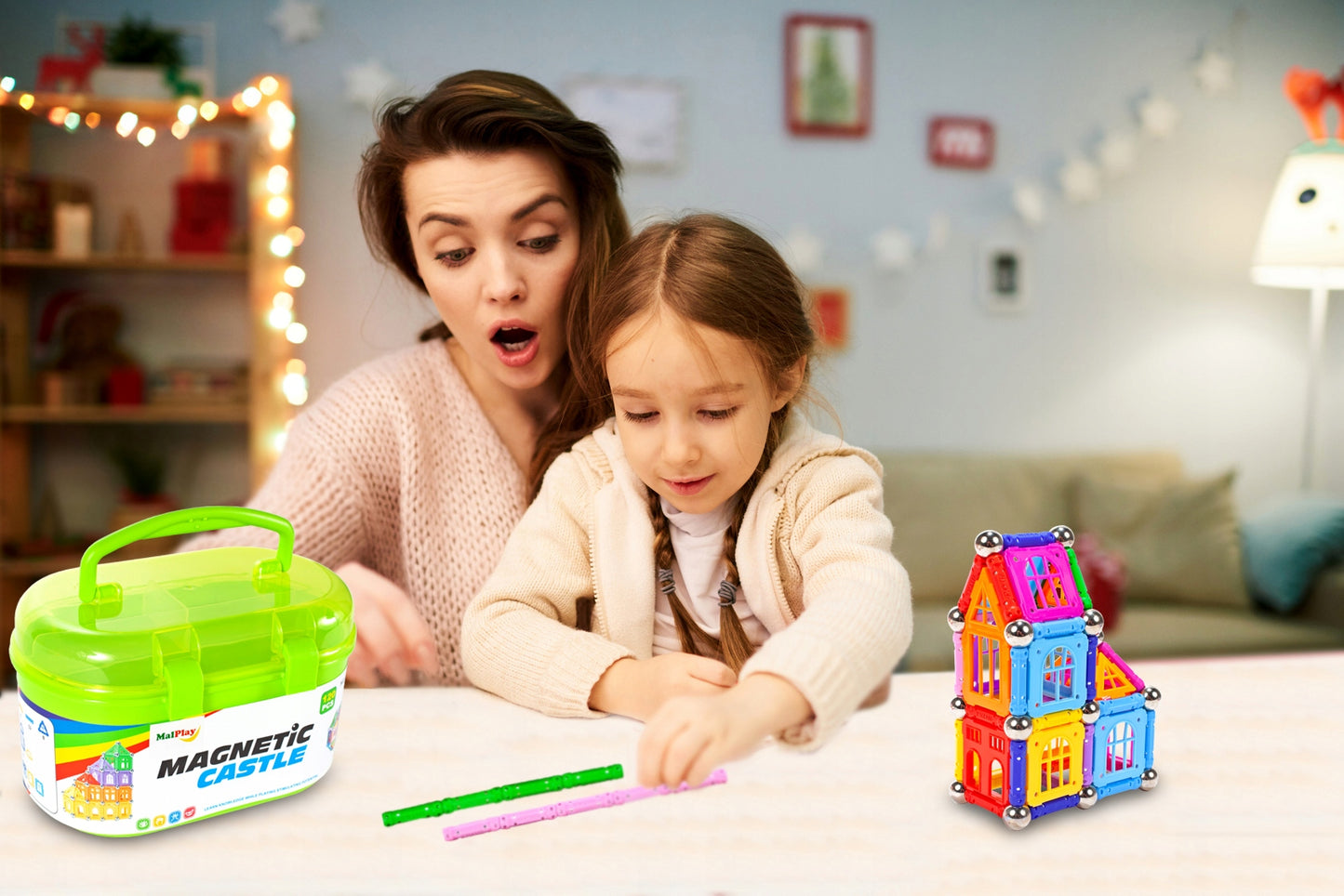 Set Blocuri Magnetice idealStore Castle Construction 3D, Creaza Constructii Tridimensionmale, Dezvolta Rabdarea si Concentrarea, 120 de elemente