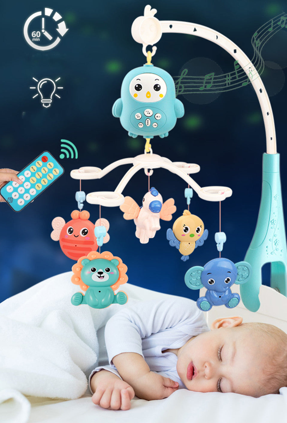 Carusel Interactiv Multifunctional Sleepy Owl idealSTORE, Include Proiector de Veghe cu 100 de Melodii, Diferite Pandantive cu Animale Multicolore Detasabile, Rotire 360 grade, Buton pentru Reglarea Sunetului in 4 Trepte, Control la Distanta