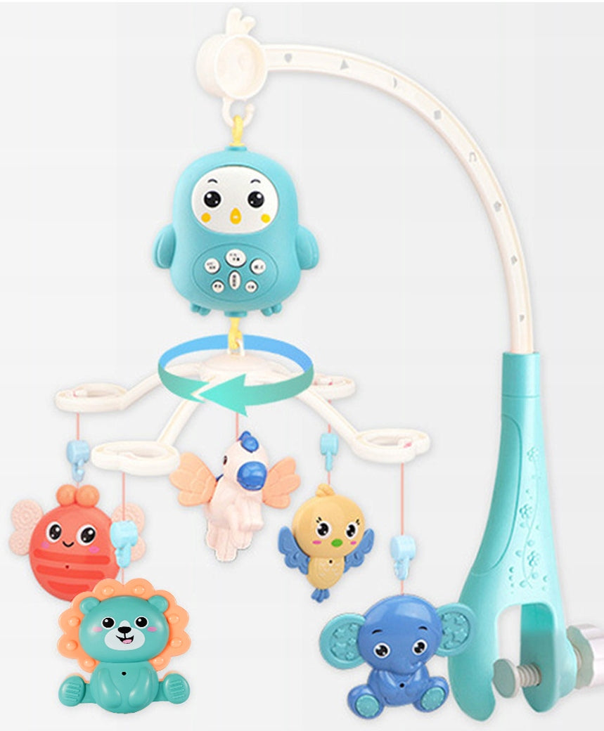 Carusel Interactiv Multifunctional Happy Bed Bell idealStore, Rotire 360, Efecte Luminoase si Sonore, Cantece de Leagan, Povesti cu Animale, Zornaituri Detasabile, Telecomanda Inclusa