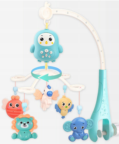 Carusel Interactiv Multifunctional Happy Bed Bell idealStore, Rotire 360, Efecte Luminoase si Sonore, Cantece de Leagan, Povesti cu Animale, Zornaituri Detasabile, Telecomanda Inclusa