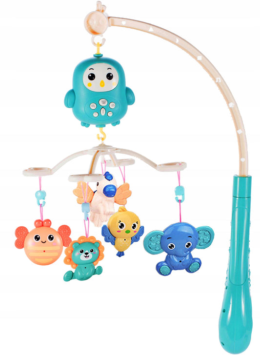 Carusel Interactiv Multifunctional Happy Bed Bell idealStore, Rotire 360, Efecte Luminoase si Sonore, Cantece de Leagan, Povesti cu Animale, Zornaituri Detasabile, Telecomanda Inclusa