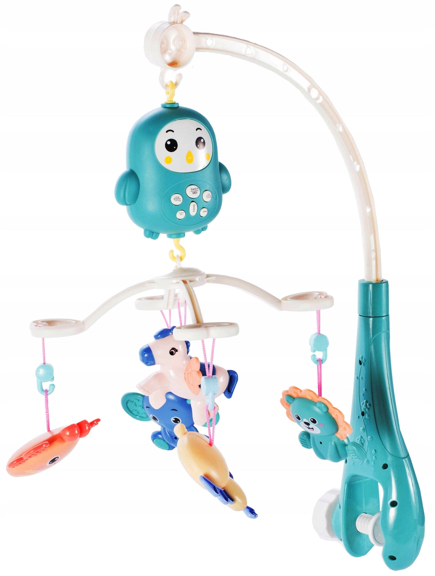 Carusel Interactiv Multifunctional Happy Bed Bell idealStore, Rotire 360, Efecte Luminoase si Sonore, Cantece de Leagan, Povesti cu Animale, Zornaituri Detasabile, Telecomanda Inclusa