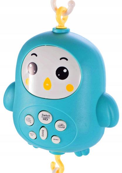 Carusel Interactiv Multifunctional Happy Bed Bell idealStore, Rotire 360, Efecte Luminoase si Sonore, Cantece de Leagan, Povesti cu Animale, Zornaituri Detasabile, Telecomanda Inclusa