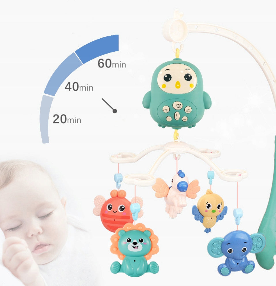 Carusel Interactiv Multifunctional Happy Bed Bell idealStore, Rotire 360, Efecte Luminoase si Sonore, Cantece de Leagan, Povesti cu Animale, Zornaituri Detasabile, Telecomanda Inclusa