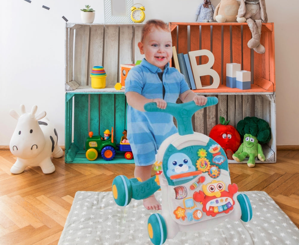 Antemergator Interactiv 5 in 1, 'LikeSmart Aqua Stroller PLUS' cu masuta interactiva detasabila, Mini Cos de Baschet, Lumini si Sunete, Multiple Moduri Senzoriale de joaca, Albastru Marin