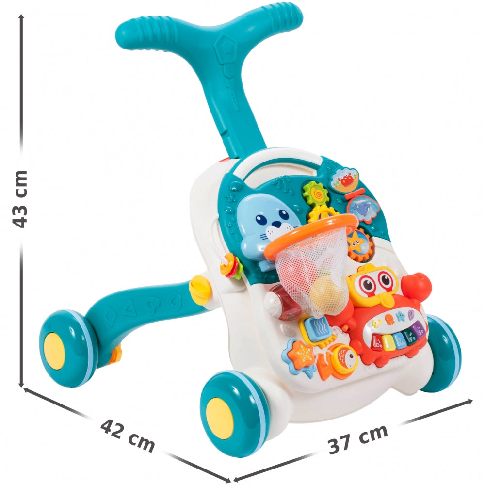 Antemergator Interactiv 5 in 1, 'LikeSmart Aqua Stroller PLUS' cu masuta interactiva detasabila, Mini Cos de Baschet, Lumini si Sunete, Multiple Moduri Senzoriale de joaca, Albastru Marin