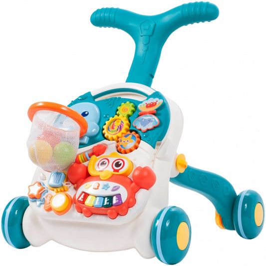 Antemergator Interactiv 5 in 1, 'LikeSmart Aqua Stroller PLUS' cu masuta interactiva detasabila, Mini Cos de Baschet, Lumini si Sunete, Multiple Moduri Senzoriale de joaca, Albastru Marin