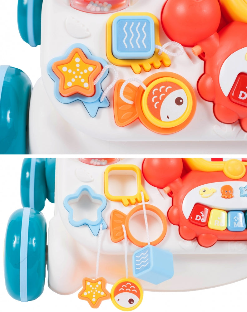 Antemergator Interactiv 5 in 1, 'LikeSmart Aqua Stroller PLUS' cu masuta interactiva detasabila, Mini Cos de Baschet, Lumini si Sunete, Multiple Moduri Senzoriale de joaca, Albastru Marin