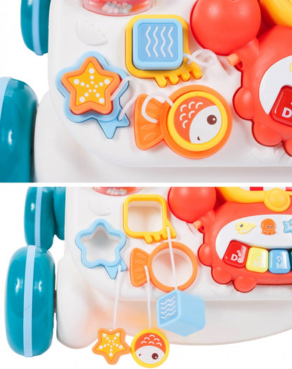 Antemergator Interactiv 5 in 1, 'LikeSmart Aqua Stroller PLUS' cu masuta interactiva detasabila, Mini Cos de Baschet, Lumini si Sunete, Multiple Moduri Senzoriale de joaca, Albastru Marin