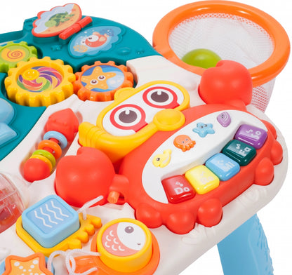 Antemergator Interactiv 5 in 1, 'LikeSmart Aqua Stroller PLUS' cu masuta interactiva detasabila, Mini Cos de Baschet, Lumini si Sunete, Multiple Moduri Senzoriale de joaca, Albastru Marin