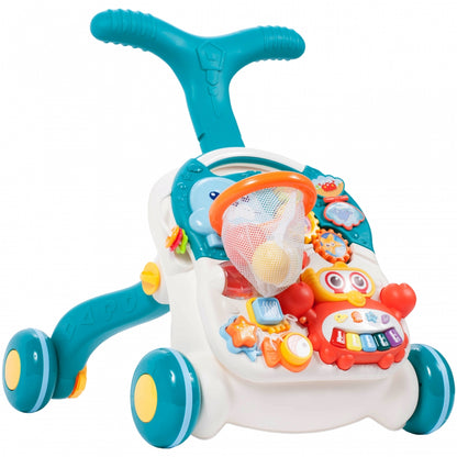 Antemergator Interactiv 5 in 1, 'LikeSmart Aqua Stroller PLUS' cu masuta interactiva detasabila, Mini Cos de Baschet, Lumini si Sunete, Multiple Moduri Senzoriale de joaca, Albastru Marin