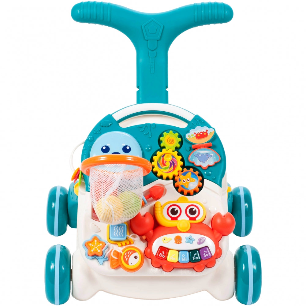 Antemergator Interactiv 5 in 1, 'LikeSmart Aqua Stroller PLUS' cu masuta interactiva detasabila, Mini Cos de Baschet, Lumini si Sunete, Multiple Moduri Senzoriale de joaca, Albastru Marin