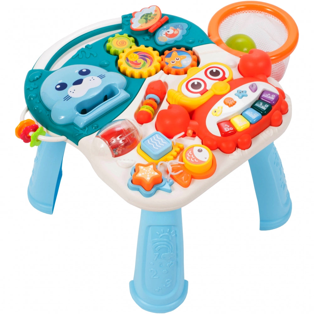 Antemergator Interactiv 5 in 1, 'LikeSmart Aqua Stroller PLUS' cu masuta interactiva detasabila, Mini Cos de Baschet, Lumini si Sunete, Multiple Moduri Senzoriale de joaca, Albastru Marin