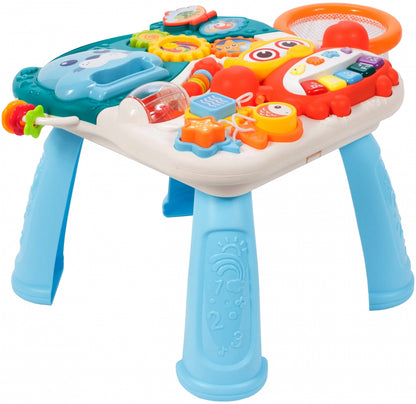 Antemergator Interactiv 5 in 1, 'LikeSmart Aqua Stroller PLUS' cu masuta interactiva detasabila, Mini Cos de Baschet, Lumini si Sunete, Multiple Moduri Senzoriale de joaca, Albastru Marin