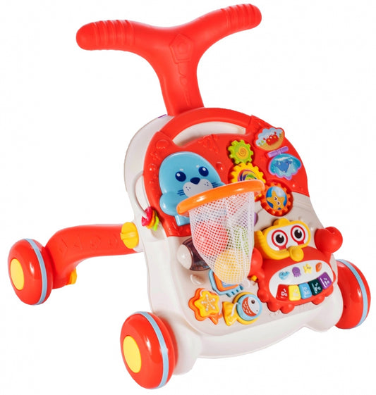 Premergator Interactiv 5 in 1 HAPPY WORLD Dimensiuni 43 x 37 x 42 cm, Echipat cu Panou Educativ detasabil, Sunete, Include forme geometrice colorate, Scoica, Cos baschet, Calmar, 7 piese Sprijina dezvoltarea lingvistica si motorie a unui bebelus