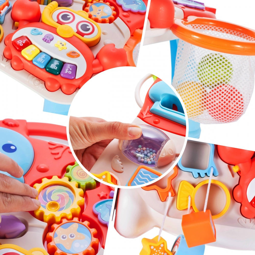 Premergator Interactiv 5 in 1 HAPPY WORLD Dimensiuni 43 x 37 x 42 cm, Echipat cu Panou Educativ detasabil, Sunete, Include forme geometrice colorate, Scoica, Cos baschet, Calmar, 7 piese Sprijina dezvoltarea lingvistica si motorie a unui bebelus