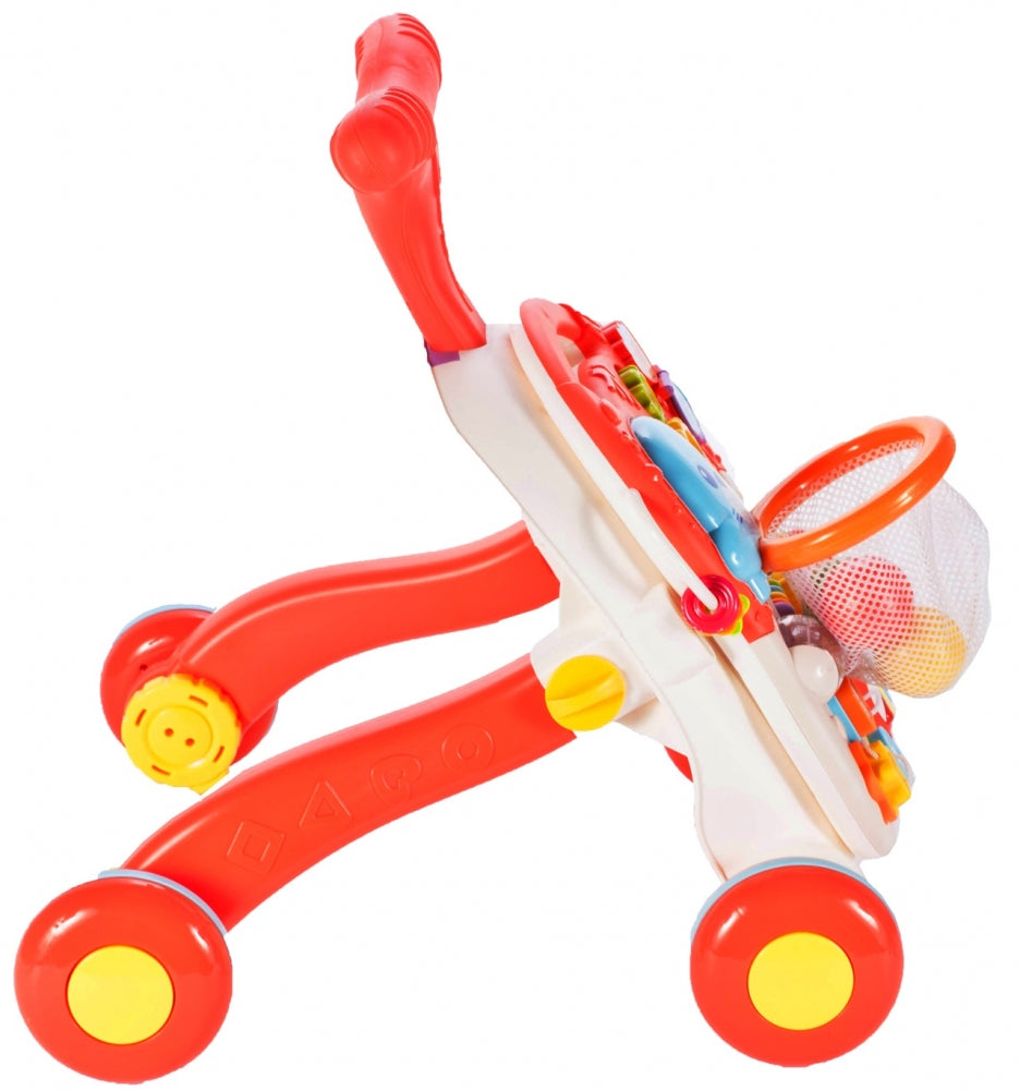 Premergator Interactiv 5 in 1 HAPPY WORLD Dimensiuni 43 x 37 x 42 cm, Echipat cu Panou Educativ detasabil, Sunete, Include forme geometrice colorate, Scoica, Cos baschet, Calmar, 7 piese Sprijina dezvoltarea lingvistica si motorie a unui bebelus