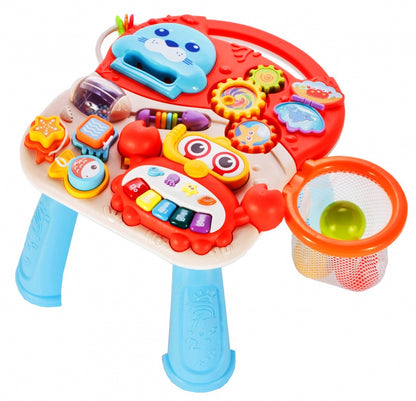 Premergator Interactiv 5 in 1 HAPPY WORLD Dimensiuni 43 x 37 x 42 cm, Echipat cu Panou Educativ detasabil, Sunete, Include forme geometrice colorate, Scoica, Cos baschet, Calmar, 7 piese Sprijina dezvoltarea lingvistica si motorie a unui bebelus