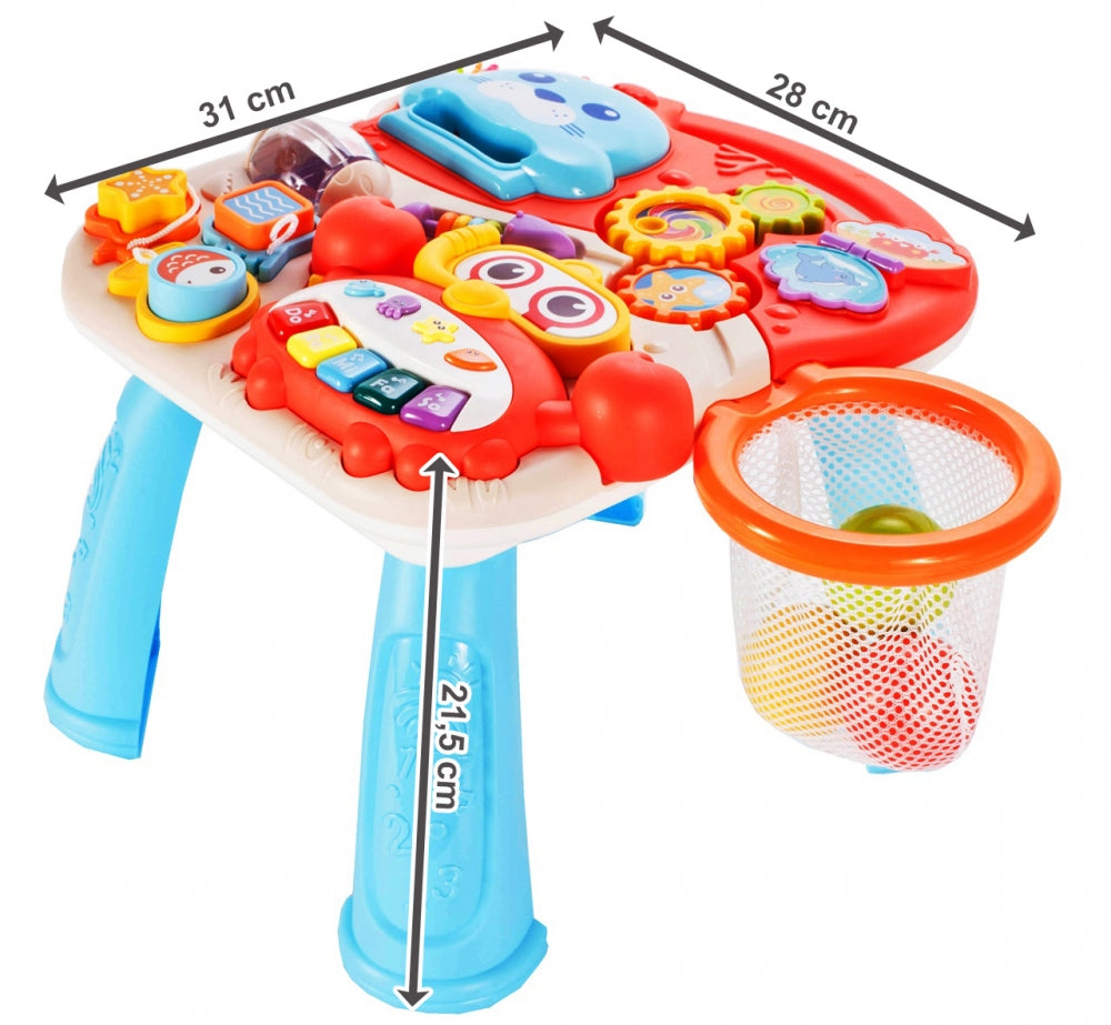 Premergator Interactiv 5 in 1 HAPPY WORLD Dimensiuni 43 x 37 x 42 cm, Echipat cu Panou Educativ detasabil, Sunete, Include forme geometrice colorate, Scoica, Cos baschet, Calmar, 7 piese Sprijina dezvoltarea lingvistica si motorie a unui bebelus