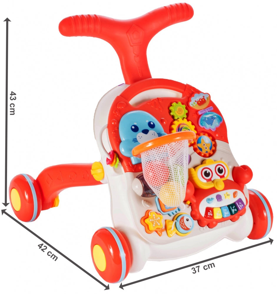 Premergator Interactiv 5 in 1 HAPPY WORLD Dimensiuni 43 x 37 x 42 cm, Echipat cu Panou Educativ detasabil, Sunete, Include forme geometrice colorate, Scoica, Cos baschet, Calmar, 7 piese Sprijina dezvoltarea lingvistica si motorie a unui bebelus