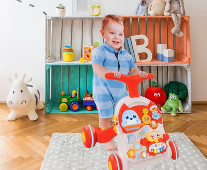 Premergator Interactiv 5 in 1 HAPPY WORLD Dimensiuni 43 x 37 x 42 cm, Echipat cu Panou Educativ detasabil, Sunete, Include forme geometrice colorate, Scoica, Cos baschet, Calmar, 7 piese Sprijina dezvoltarea lingvistica si motorie a unui bebelus