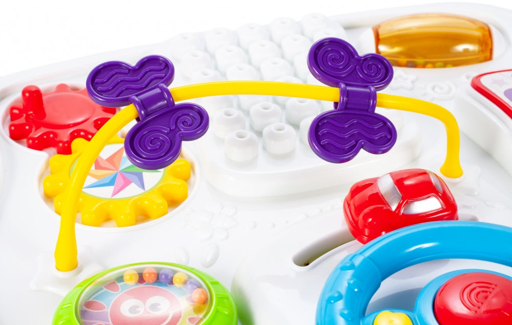 Masuta Interactiva 2 in 1 cu Activitati idealStore Complex Mind, cu Volan, Telefon, Acceleratie, Tableta de Scris, piese de Lego, Dezvolta Imaginatia si Coordonarea