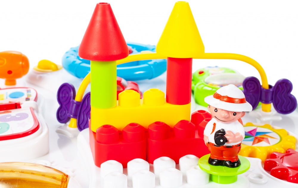 Masuta Interactiva 2 in 1 cu Activitati idealStore Complex Mind, cu Volan, Telefon, Acceleratie, Tableta de Scris, piese de Lego, Dezvolta Imaginatia si Coordonarea