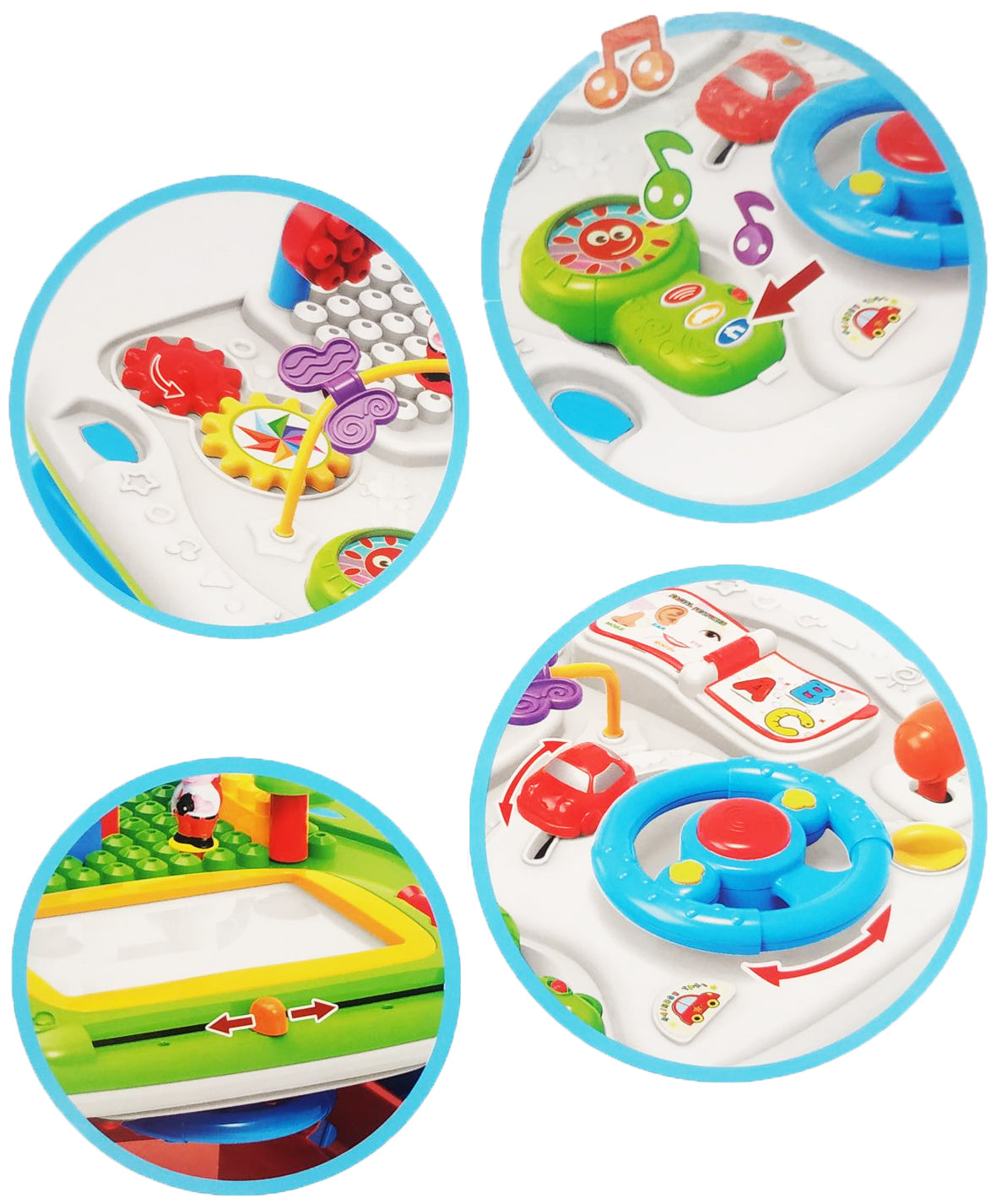 Masuta Interactiva 2 in 1 cu Activitati idealStore Complex Mind, cu Volan, Telefon, Acceleratie, Tableta de Scris, piese de Lego, Dezvolta Imaginatia si Coordonarea