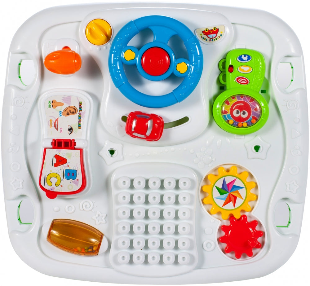 Masuta Interactiva 2 in 1 cu Activitati idealStore Complex Mind, cu Volan, Telefon, Acceleratie, Tableta de Scris, piese de Lego, Dezvolta Imaginatia si Coordonarea