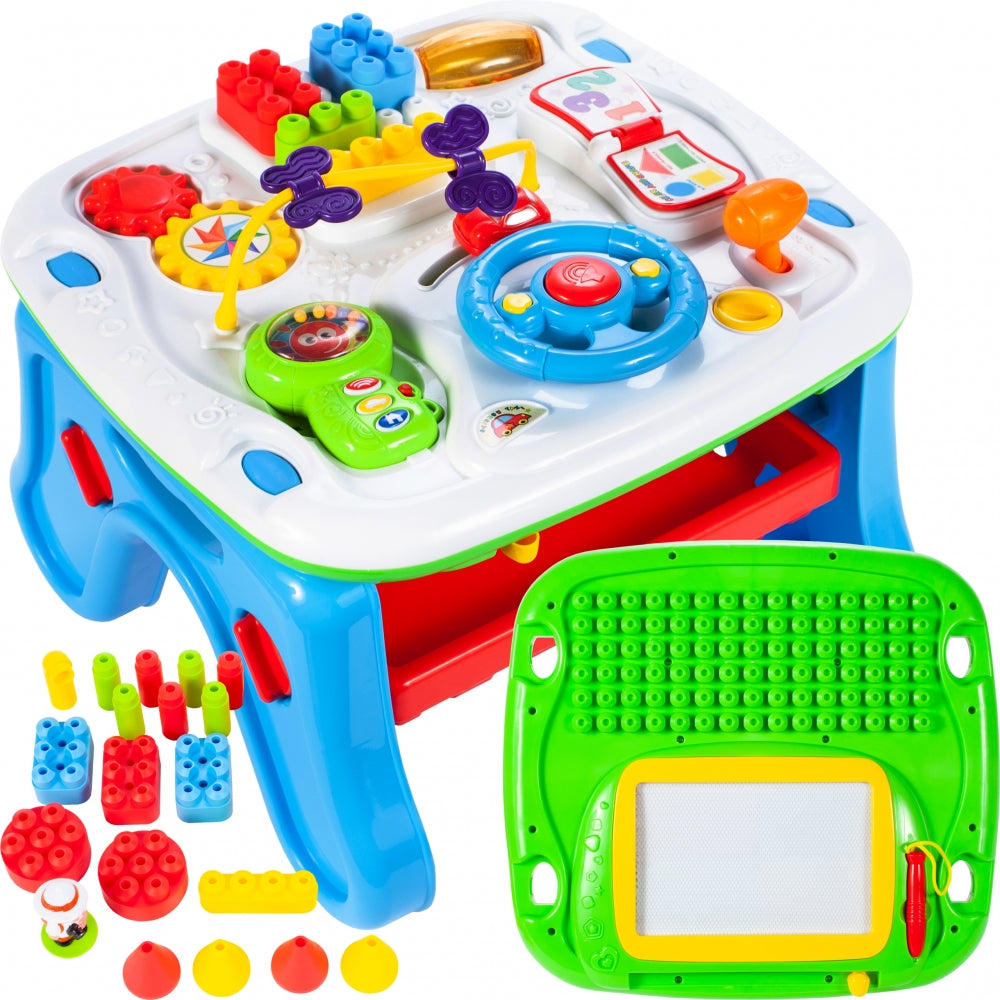 Masuta Interactiva 2 in 1 cu Activitati idealStore Complex Mind, cu Volan, Telefon, Acceleratie, Tableta de Scris, piese de Lego, Dezvolta Imaginatia si Coordonarea