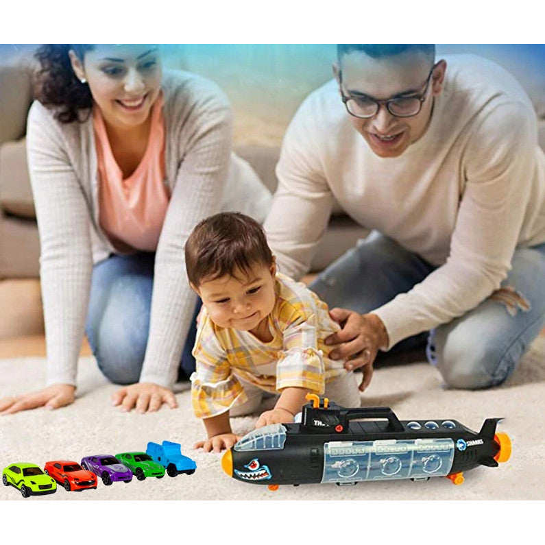 SUBMARIN Multifunctional The Black Shark idealSTORE, Dimensiuni 50 x 10 x 18 cm, Include 5 masinute de diferite culori, elice si un elicopter, Dezvolta imaginatia copilului