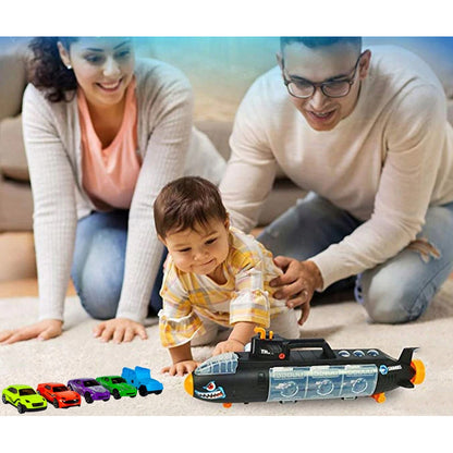 SUBMARIN Multifunctional The Black Shark idealSTORE, Dimensiuni 50 x 10 x 18 cm, Include 5 masinute de diferite culori, elice si un elicopter, Dezvolta imaginatia copilului