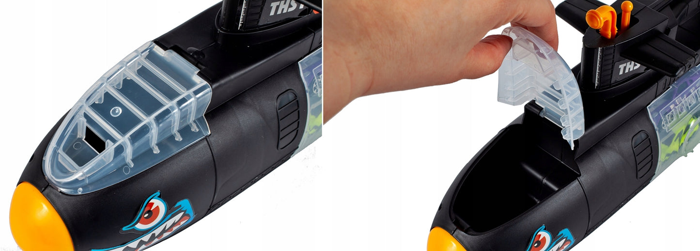 SUBMARIN Multifunctional The Black Shark idealSTORE, Dimensiuni 50 x 10 x 18 cm, Include 5 masinute de diferite culori, elice si un elicopter, Dezvolta imaginatia copilului