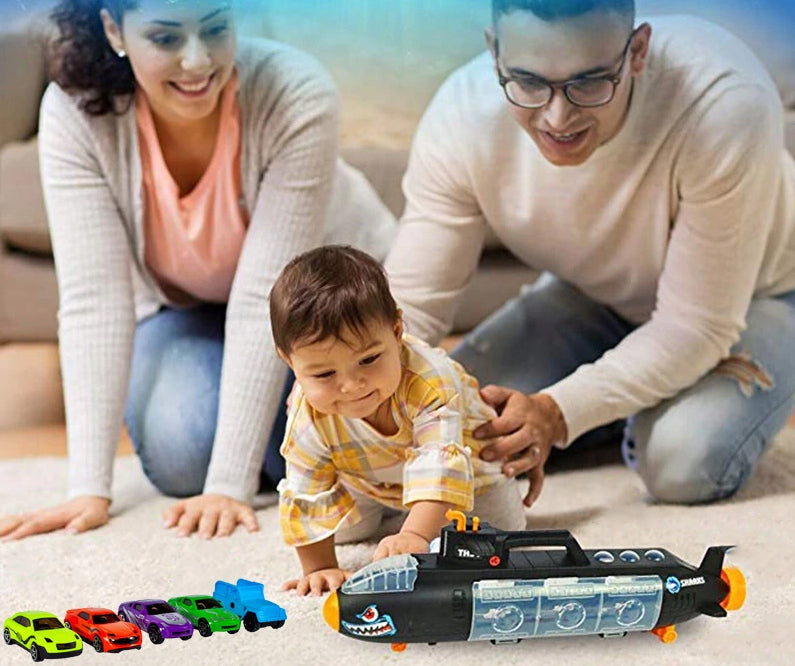 SUBMARIN Multifunctional The Black Shark idealSTORE, Dimensiuni 50 x 10 x 18 cm, Include 5 masinute de diferite culori, elice si un elicopter, Dezvolta imaginatia copilului