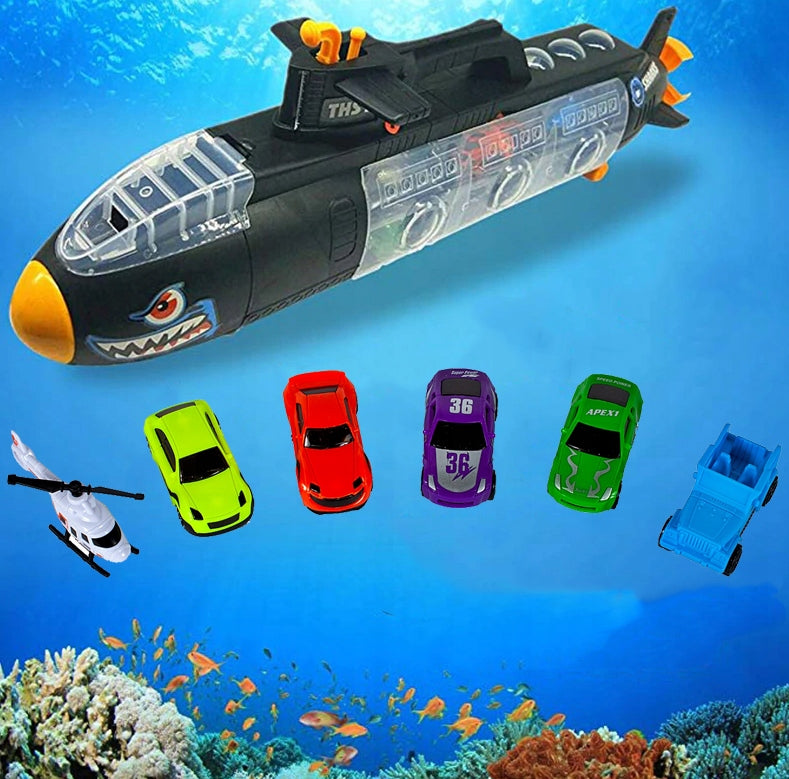 SUBMARIN Multifunctional The Black Shark idealSTORE, Dimensiuni 50 x 10 x 18 cm, Include 5 masinute de diferite culori, elice si un elicopter, Dezvolta imaginatia copilului