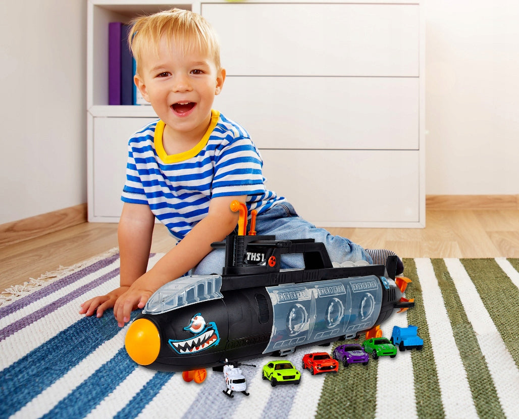 SUBMARIN Multifunctional The Black Shark idealSTORE, Dimensiuni 50 x 10 x 18 cm, Include 5 masinute de diferite culori, elice si un elicopter, Dezvolta imaginatia copilului